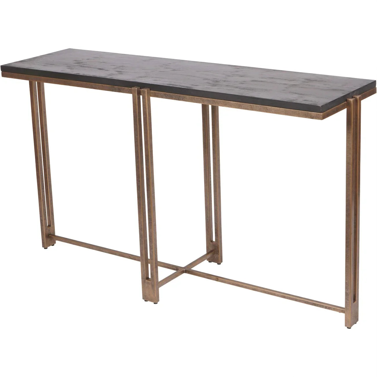 Black sandblasted wood console table with champagne metal frame.