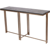 Black sandblasted wood console table with champagne metal frame.