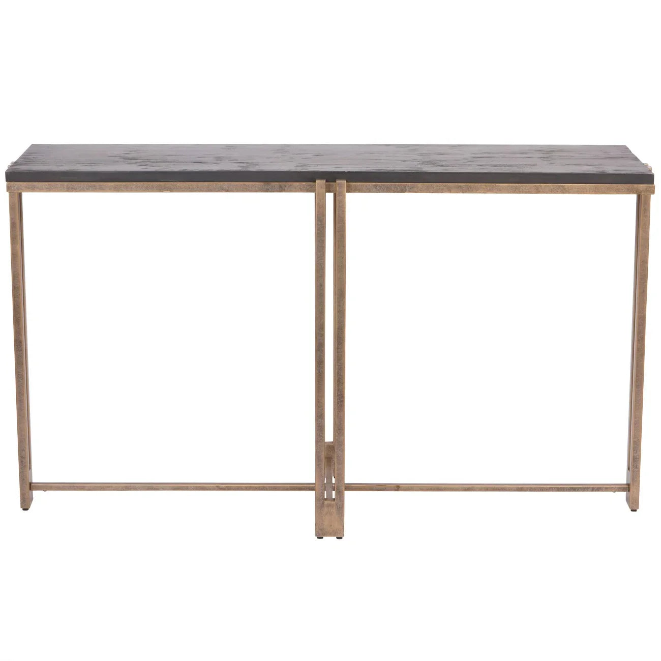 Black sandblasted wood console table with champagne metal frame.