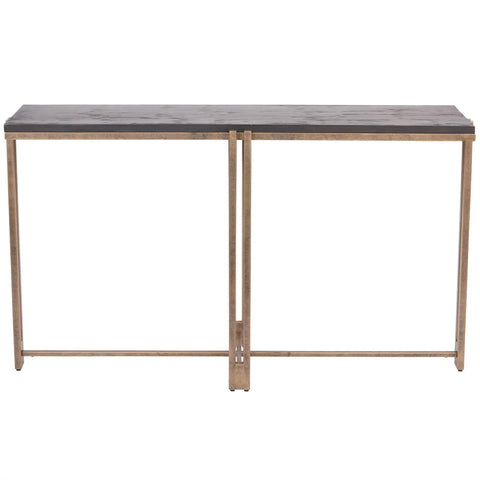 Black sandblasted wood console table with champagne metal frame.