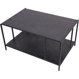 Rectangular black coffee table with a mottled finish and lower shelf.