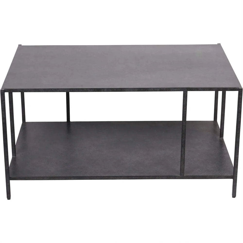 Mottled black coffee table with a lower shelf and sleek metal legs.