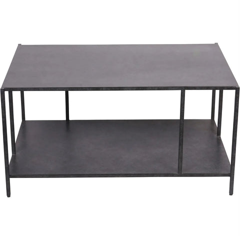 Mottled black coffee table with a lower shelf and sleek metal legs.