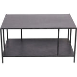 Mottled black coffee table with a lower shelf and sleek metal legs.