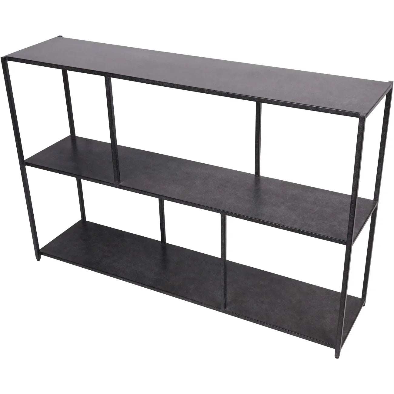 Mottled black console table with three open shelves.