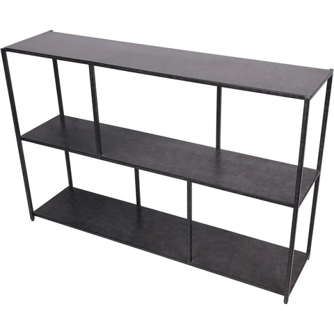 Mottled black console table with three open shelves.