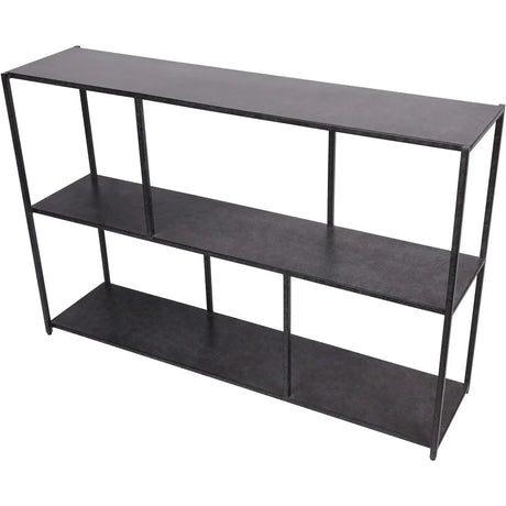 Mottled black console table with three open shelves.
