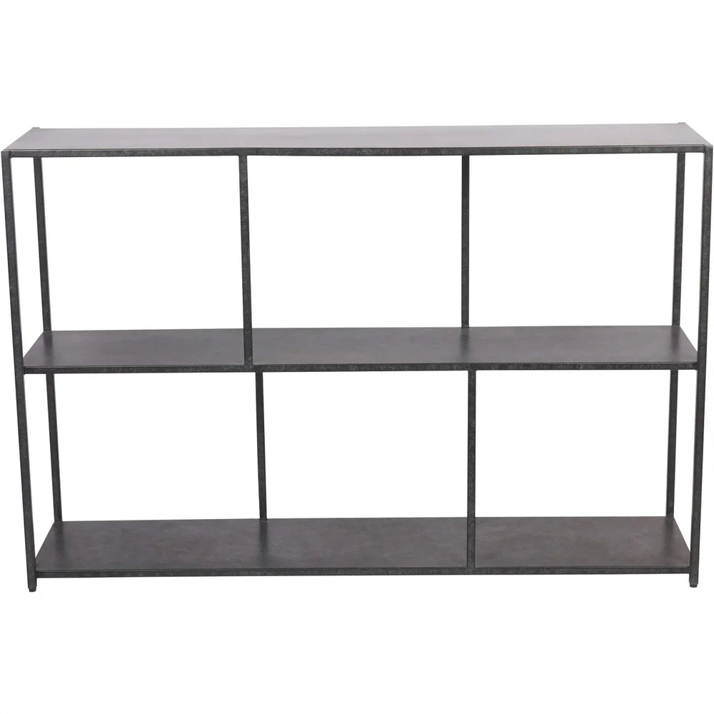 Mottled black console table with three open shelves.