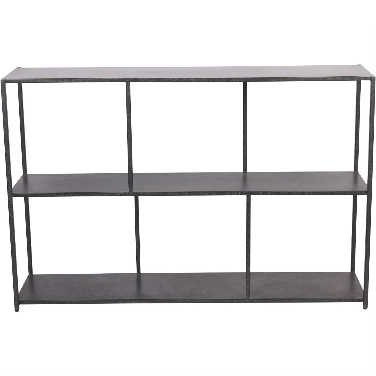 Mottled black console table with three open shelves.