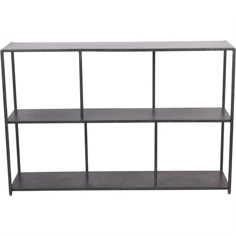 Mottled black console table with three open shelves.