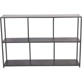Mottled black console table with three open shelves.