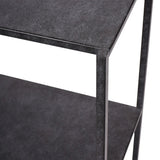 Dark mottled finish console table corner detail.