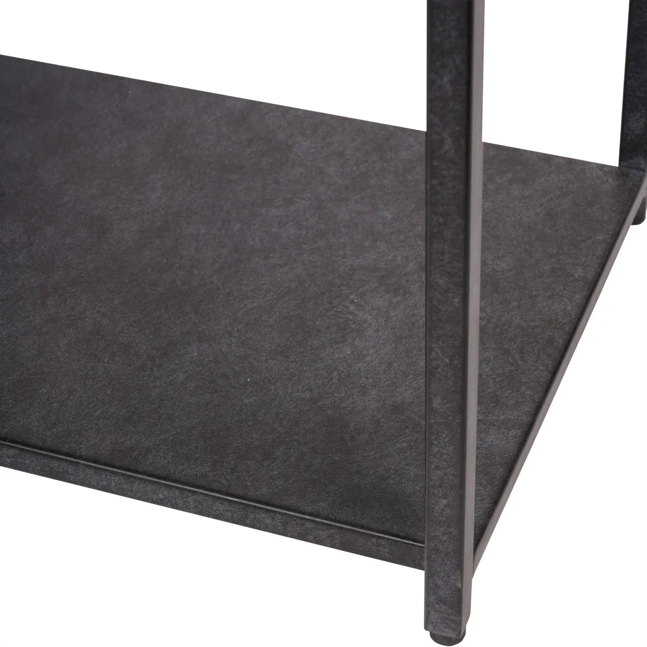Mottled black console table shelf detail with sleek metal frame.