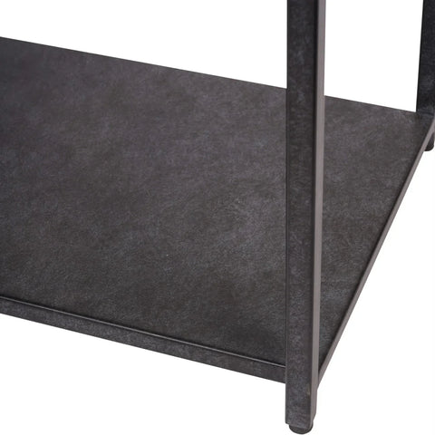 Mottled black console table shelf detail with sleek metal frame.