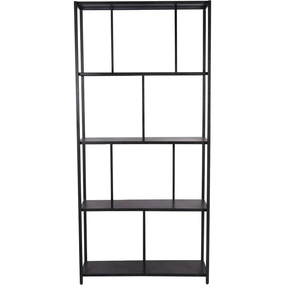 Mottled black metal shelving unit with five open shelves.