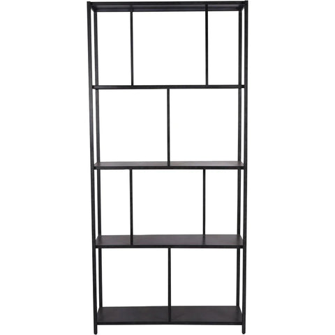Mottled black metal shelving unit with five open shelves.