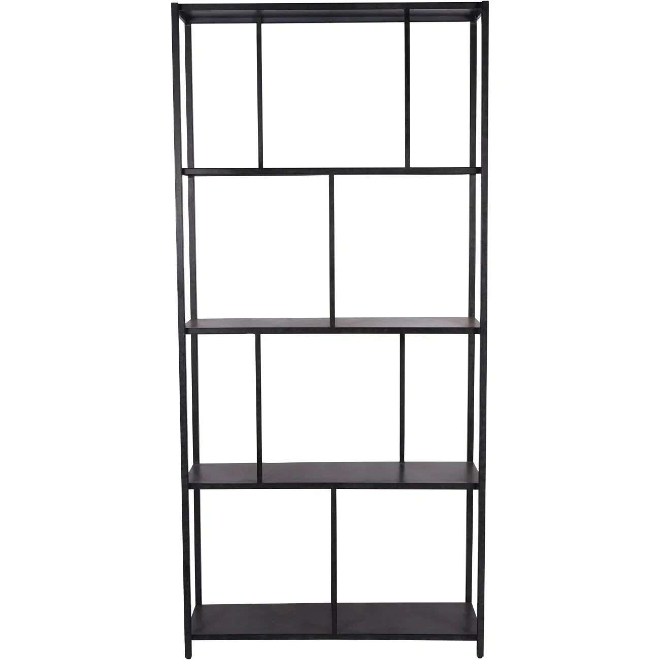 Mottled black metal shelving unit with five open shelves.