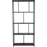 Mottled black metal shelving unit with five open shelves.