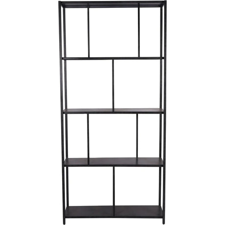 Mottled black metal shelving unit with five open shelves.