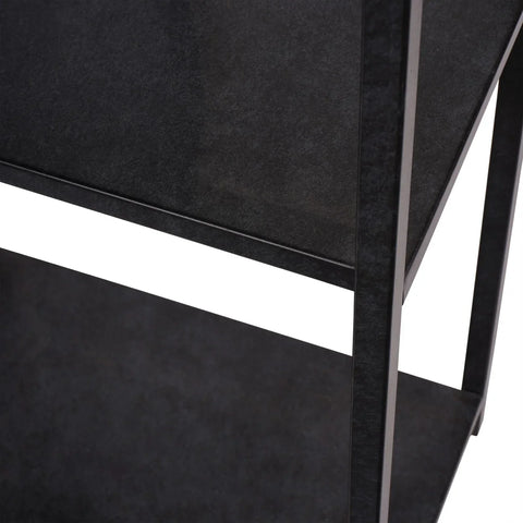 Mottled black metal shelving unit with textured surface detail.