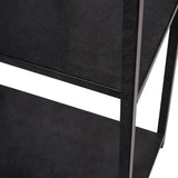 Mottled black metal shelving unit with textured surface detail.