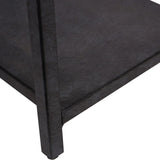 Mottled black metal shelf corner with textured finish.