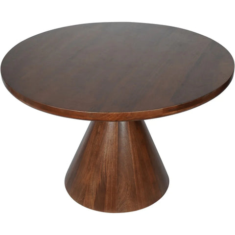Dark wooden round table with a conical base.