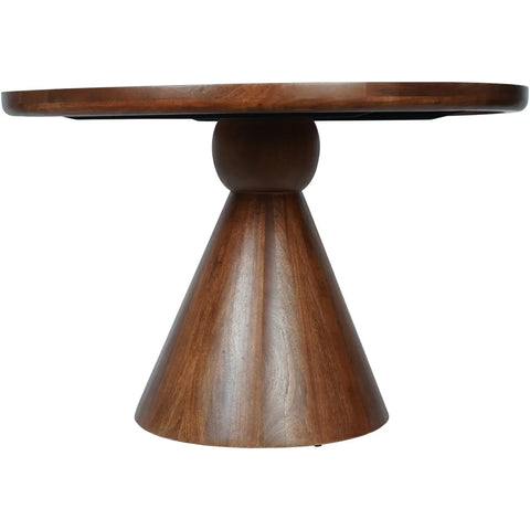 Dark wood round table with a conical pedestal base.