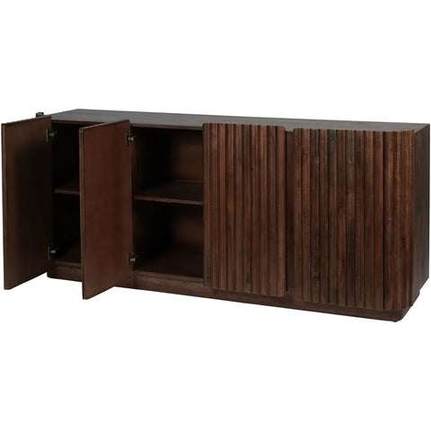Dark wood sideboard with open doors revealing interior shelves.