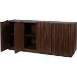 Dark wood sideboard with open doors revealing interior shelves.