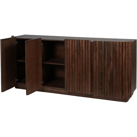 Dark wood sideboard with open doors revealing interior shelves.