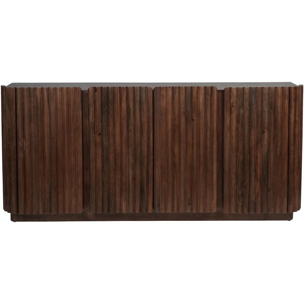 Dark wood sideboard with vertical slatted doors.