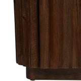 Dark wood sideboard corner with vertical panel detailing.