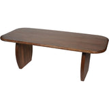 Dark wood dining table with rounded edges and sturdy legs.