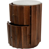 Rich brown wooden bedside with open drawers and a round marble top.
