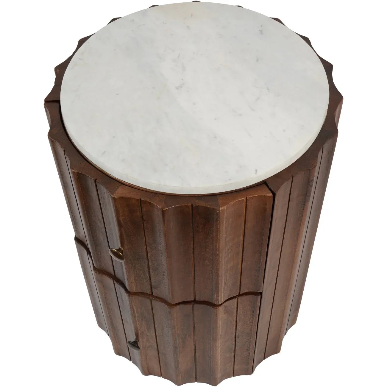 Round marble-topped wooden bedside with curved drawer design.