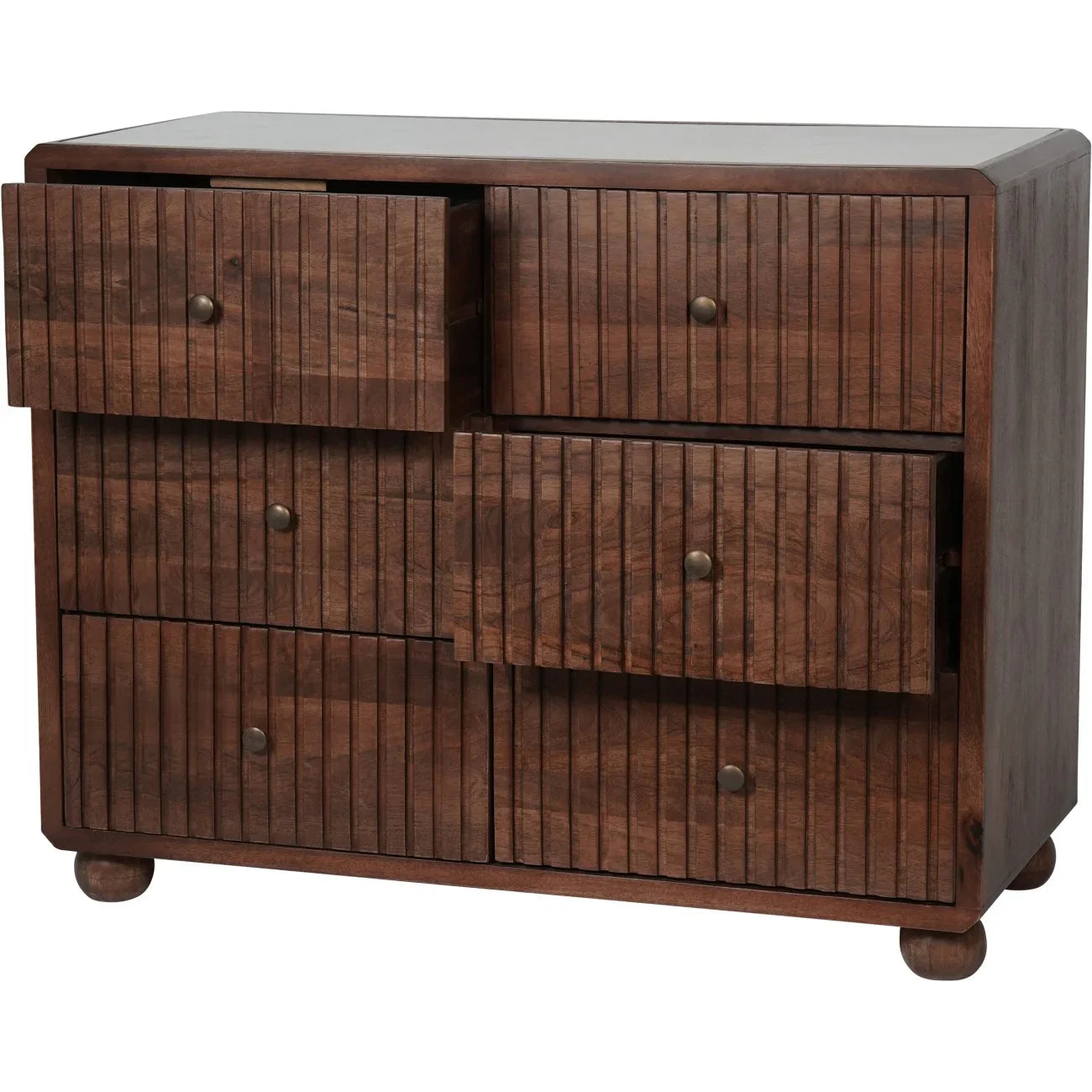 Dark wood chest with six drawers and a marble top, featuring textured panels.