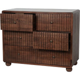 Dark wood chest with six drawers and a marble top, featuring textured panels.