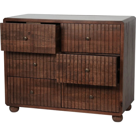Dark wood chest with six drawers and a marble top, featuring textured panels.