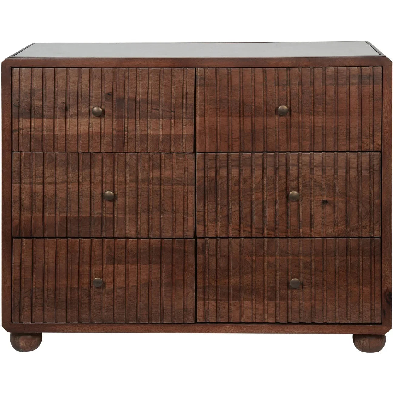 Brown wooden chest with six drawers and round knobs.