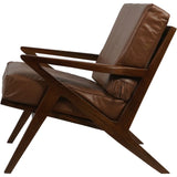 Brown leather armchair with angled wooden frame and cushioned seat.