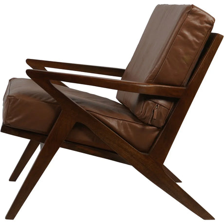 Brown leather armchair with angled wooden frame and cushioned seat.