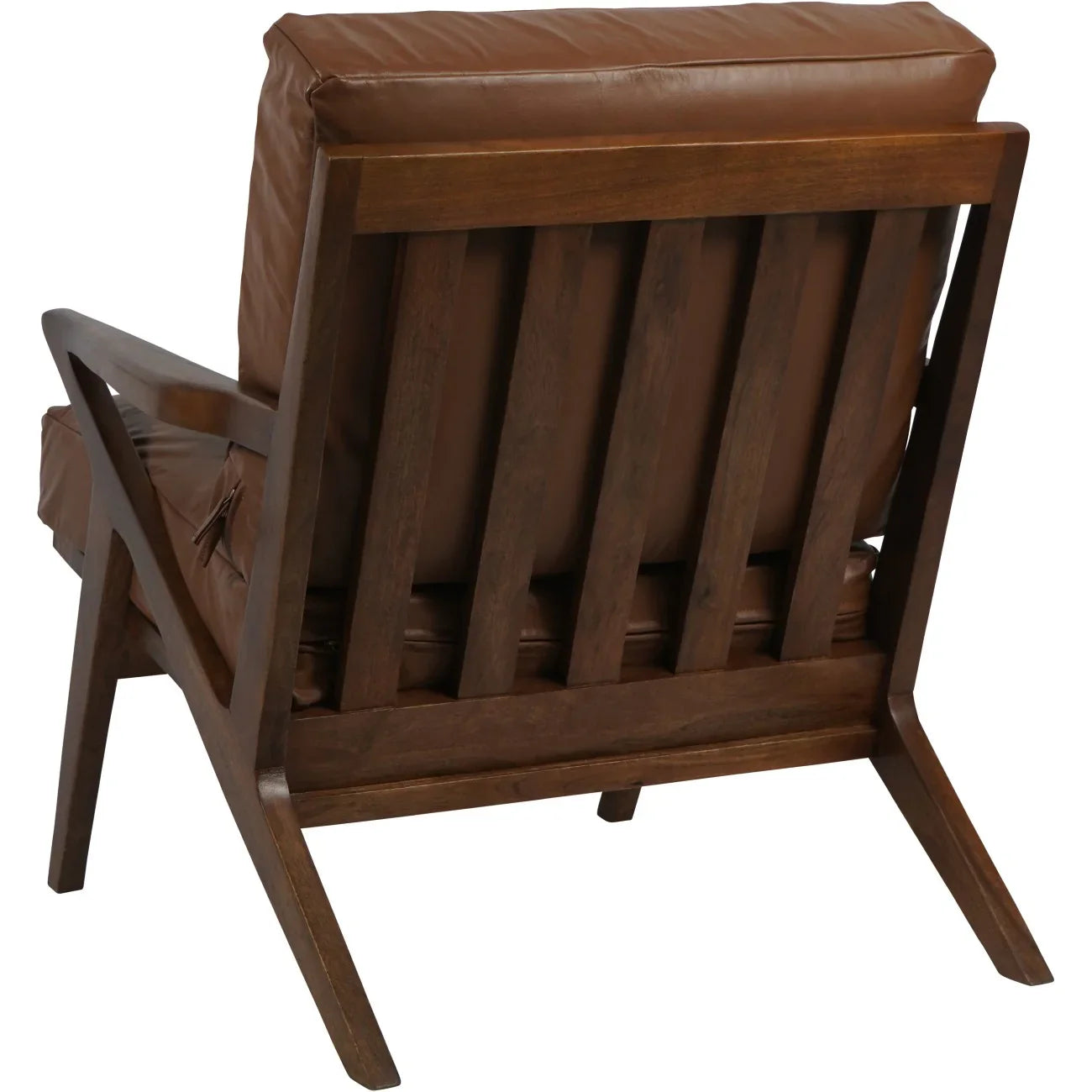 Brown leather armchair with wooden slatted backrest.