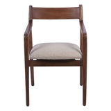 Brown wooden dining chair with beige upholstered seat.