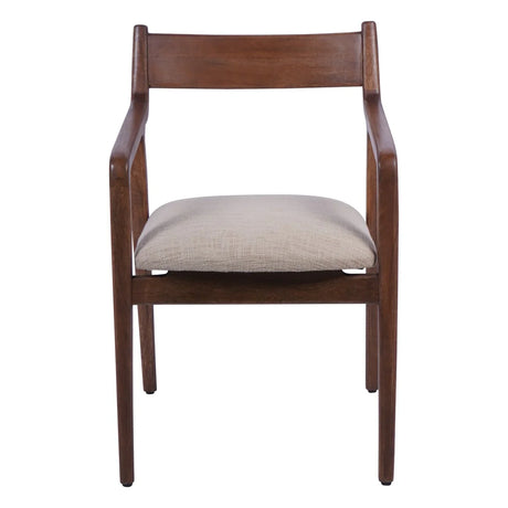 Brown wooden dining chair with beige upholstered seat.
