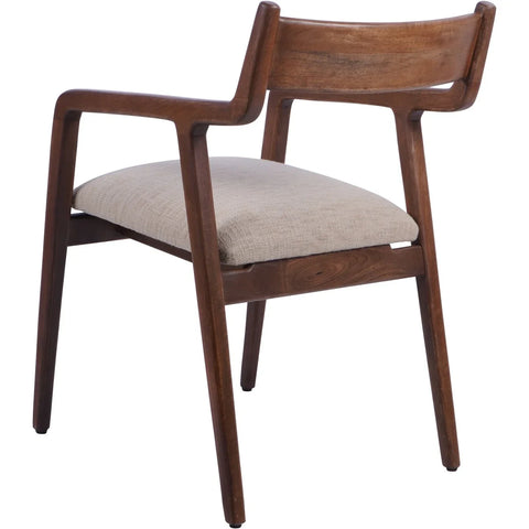 Wooden dining chair with beige upholstered seat and curved backrest.