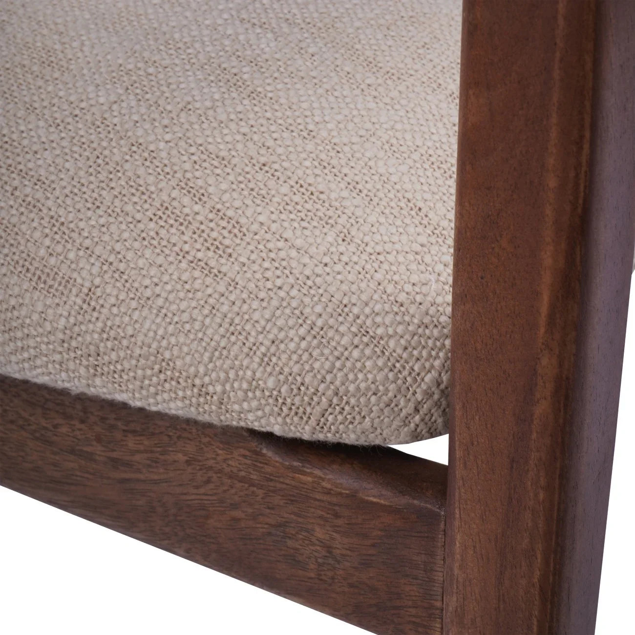 Beige upholstered seat with textured fabric and wooden frame detail.
