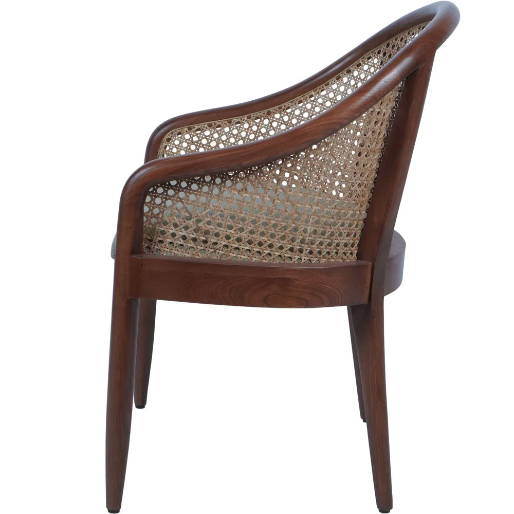 Side view of oak armchair with woven cane backrest.