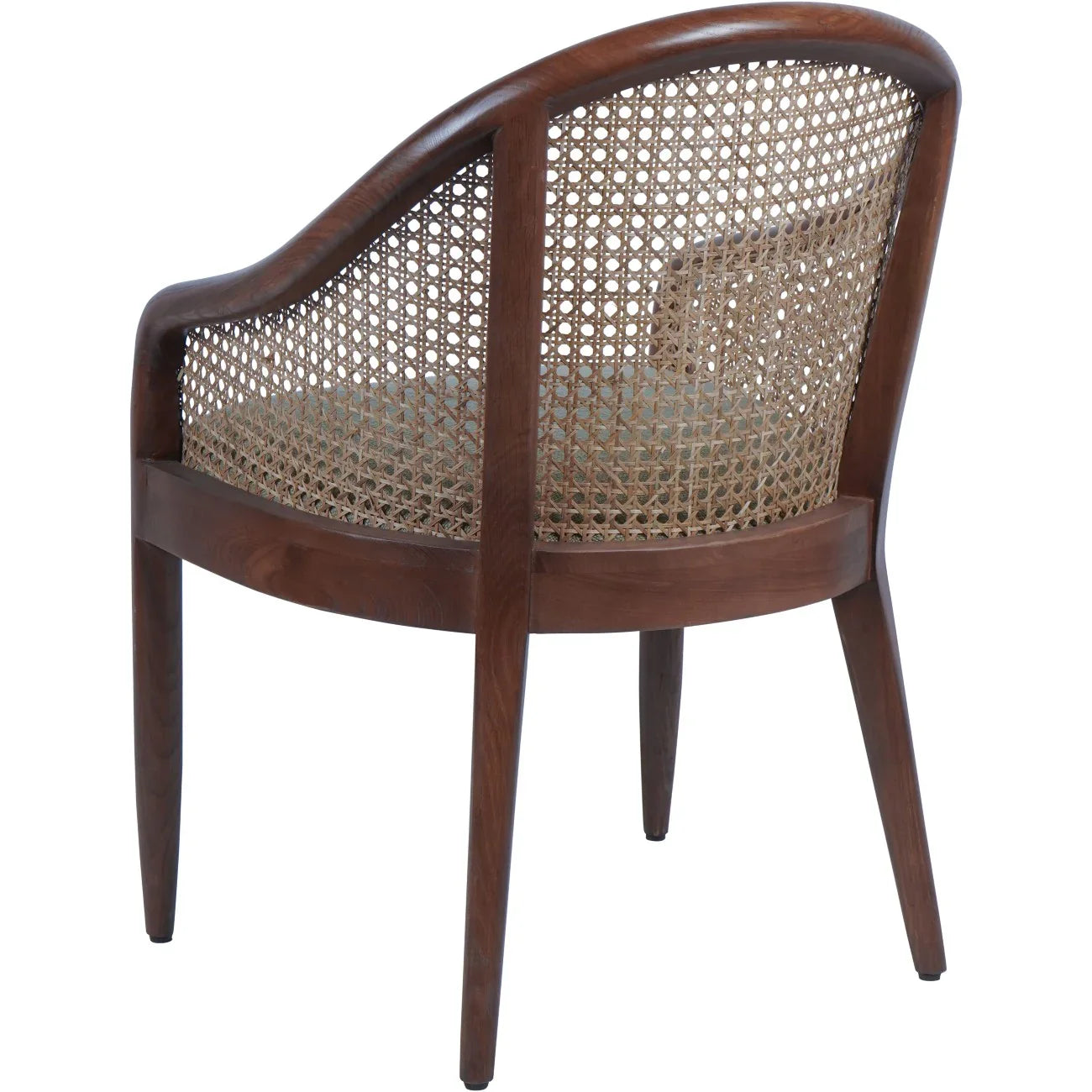 Back view of oak armchair with curved cane backrest.