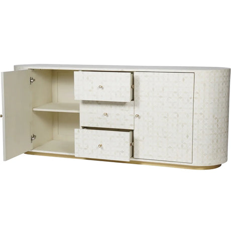 Cream sideboard with bone inlay pattern, open drawers and shelves visible.